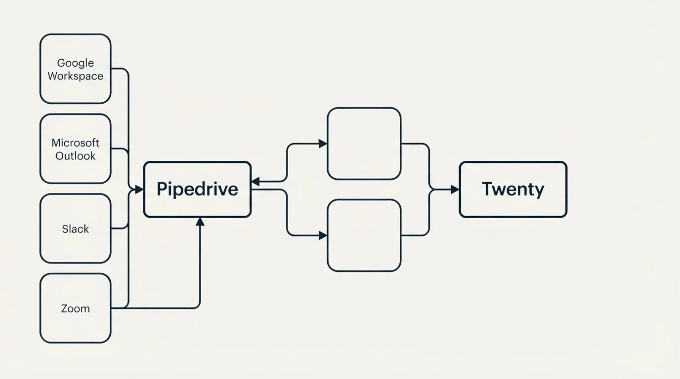 Integration schematic: Integration Ecosystem (Pipedrive, Twenty, Google Workspace, Microsoft Outlook)