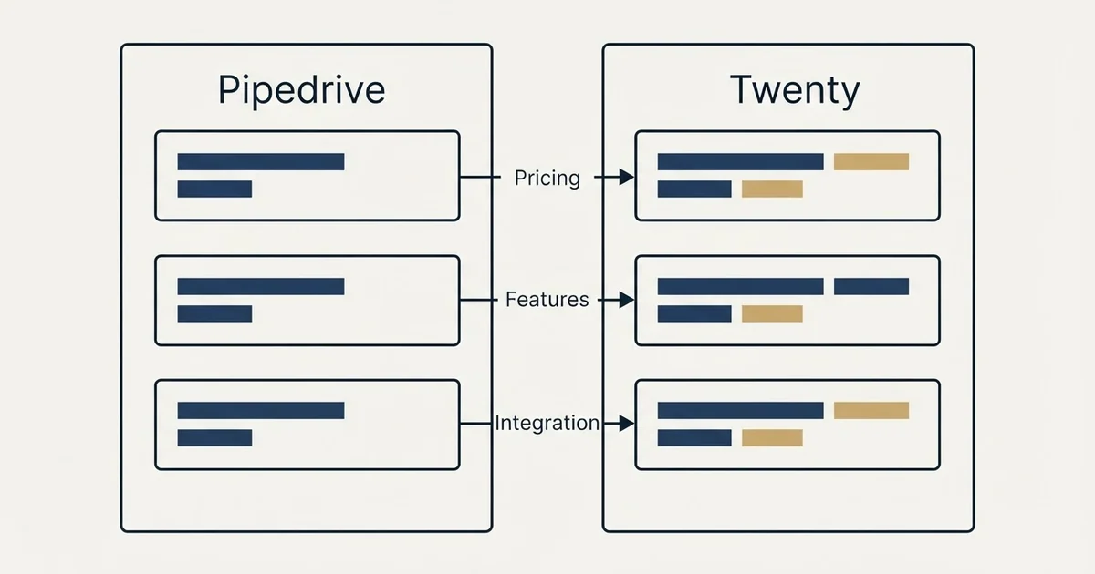 Comparison panel: Pipedrive vs Twenty (Pricing, Features, Integration)