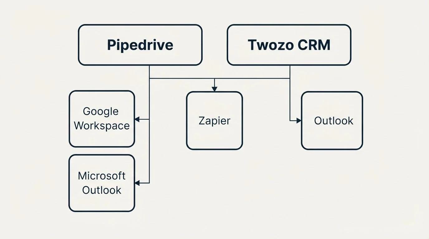 Integration grid: Integration Ecosystem (Pipedrive, Twozo CRM, Zapier, Google Workspace)