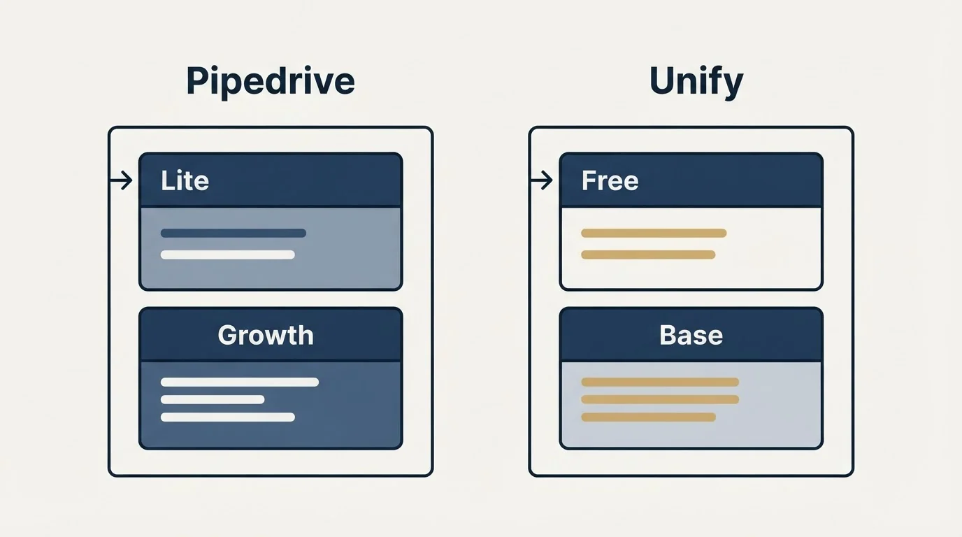 Pricing panels: Pricing Comparison (Pipedrive, Unify, Lite, Free)