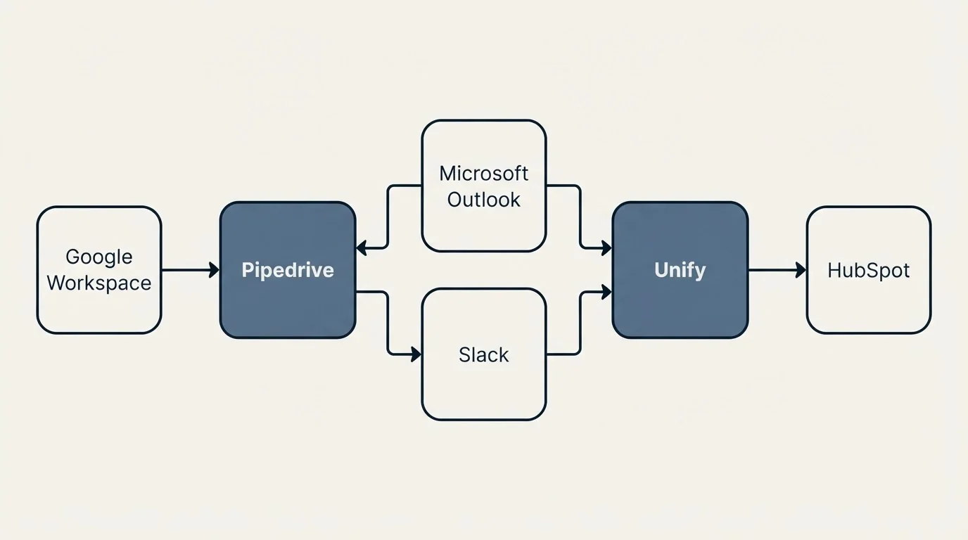 Integration schematic: Integration Ecosystem (Pipedrive, Unify, Microsoft Outlook, Slack)
