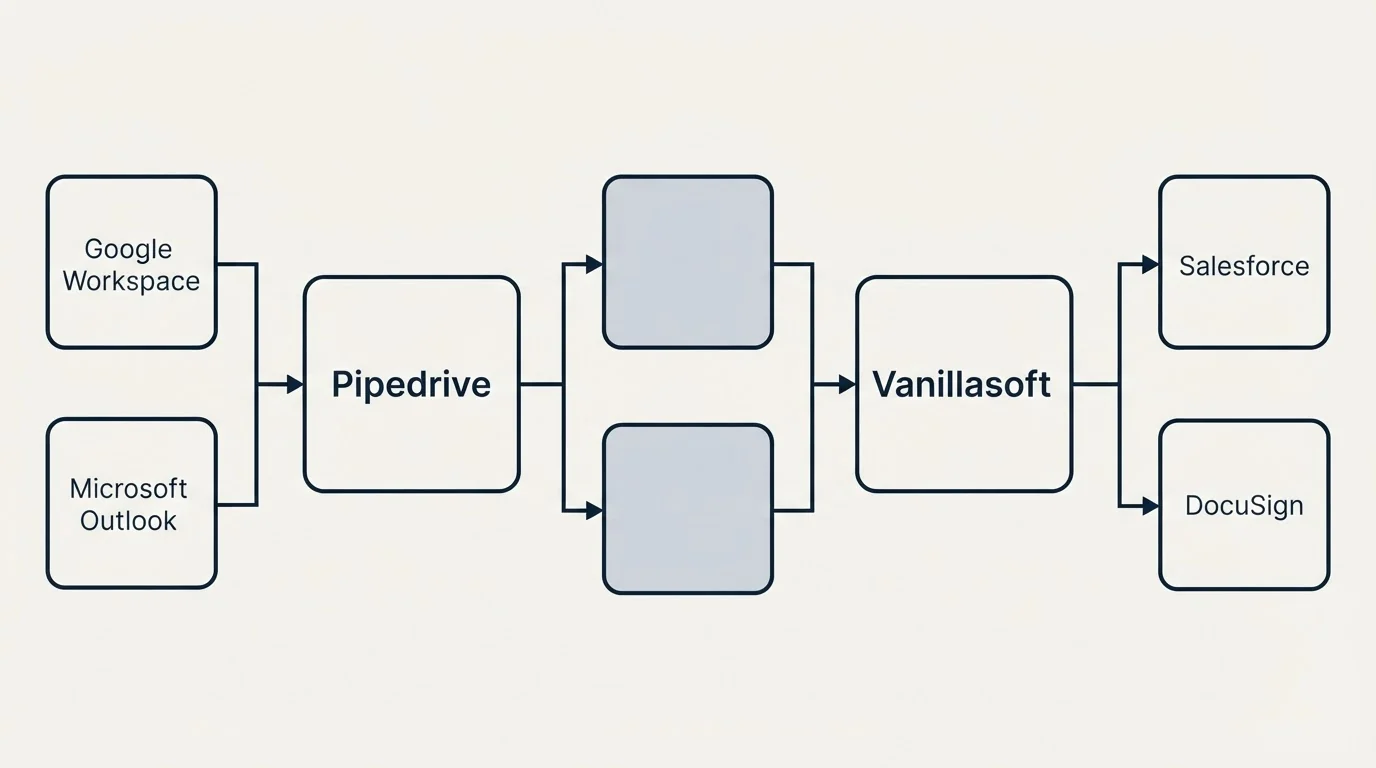 Integration flow: Integration Ecosystem (Pipedrive, Vanillasoft, Google Workspace, Salesforce)