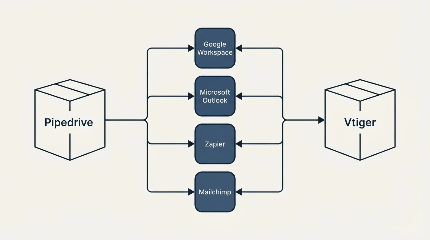 Integration flow: Integration Ecosystem (Pipedrive, Vtiger, Google Workspace, Microsoft Outlook)