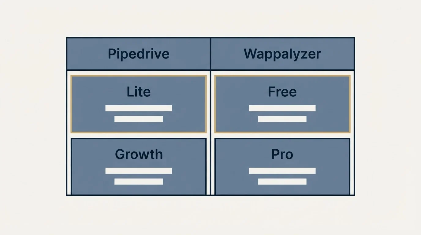 Pricing table: Pricing Comparison (Pipedrive, Wappalyzer, Lite, Free)