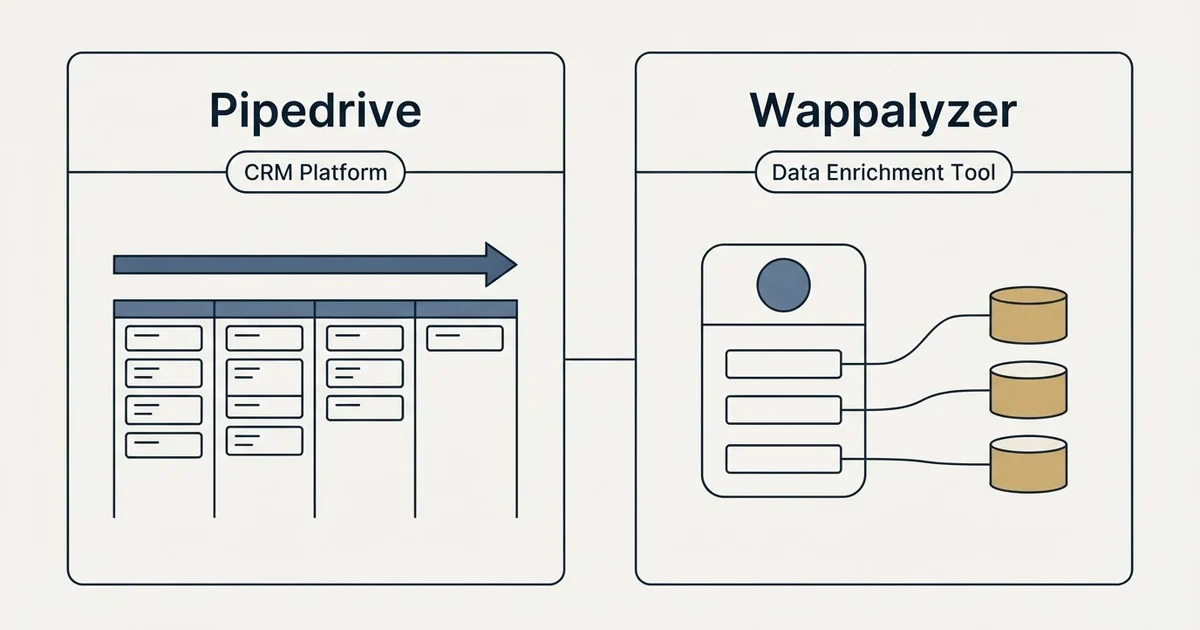 Side-by-side panels: Pipedrive vs Wappalyzer (CRM Platform, Data Enrichment Tool)