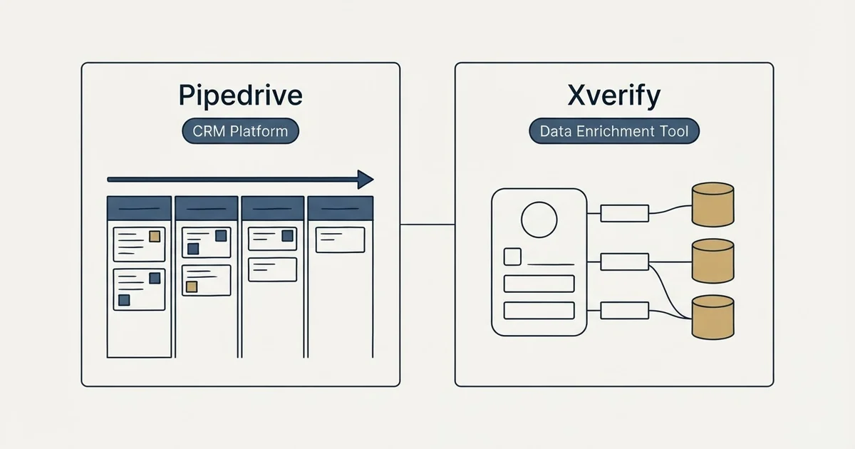Side-by-side panels: Pipedrive vs Xverify (CRM Platform, Data Enrichment Tool)