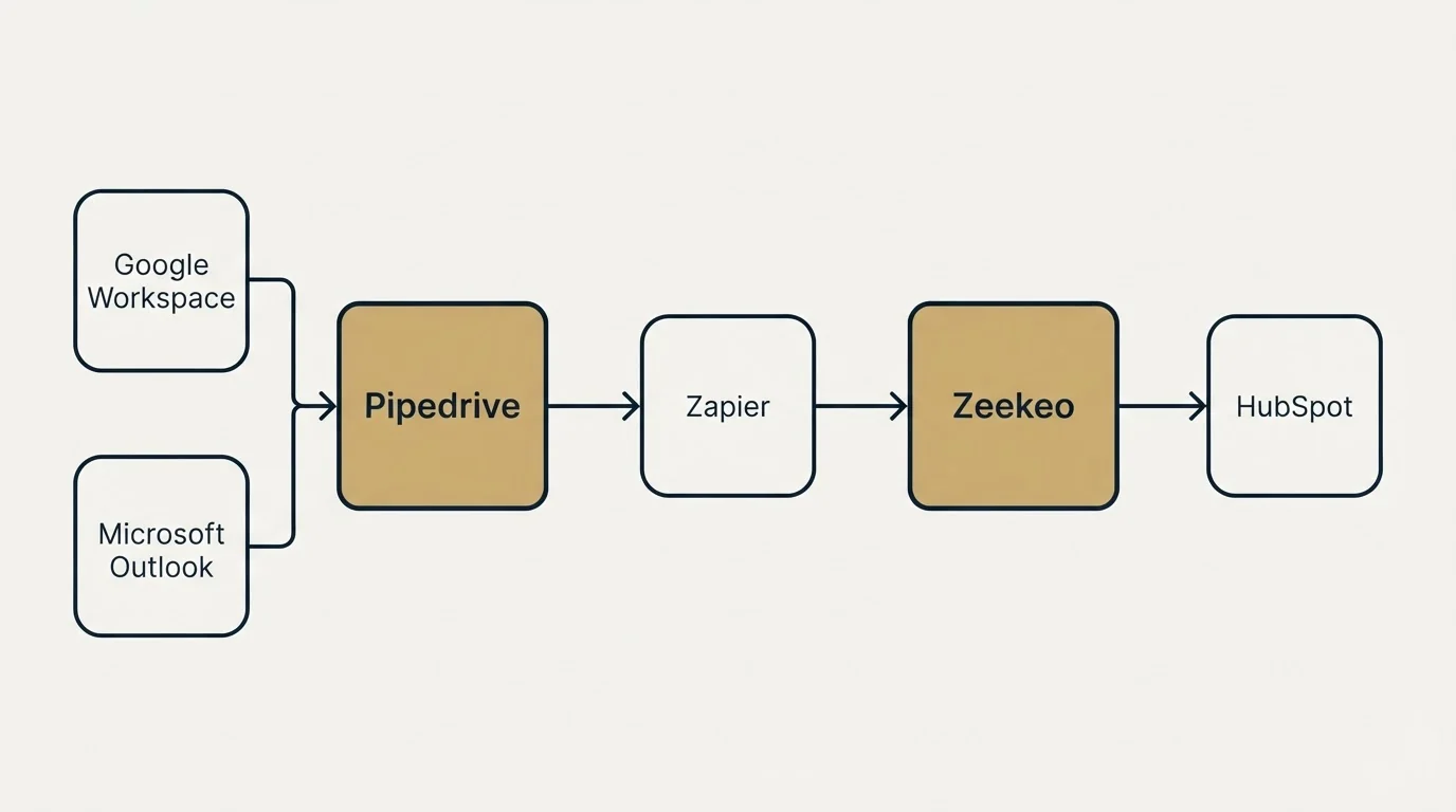 Integration schematic: Integration Ecosystem (Pipedrive, Zeekeo, Zapier, Google Workspace)