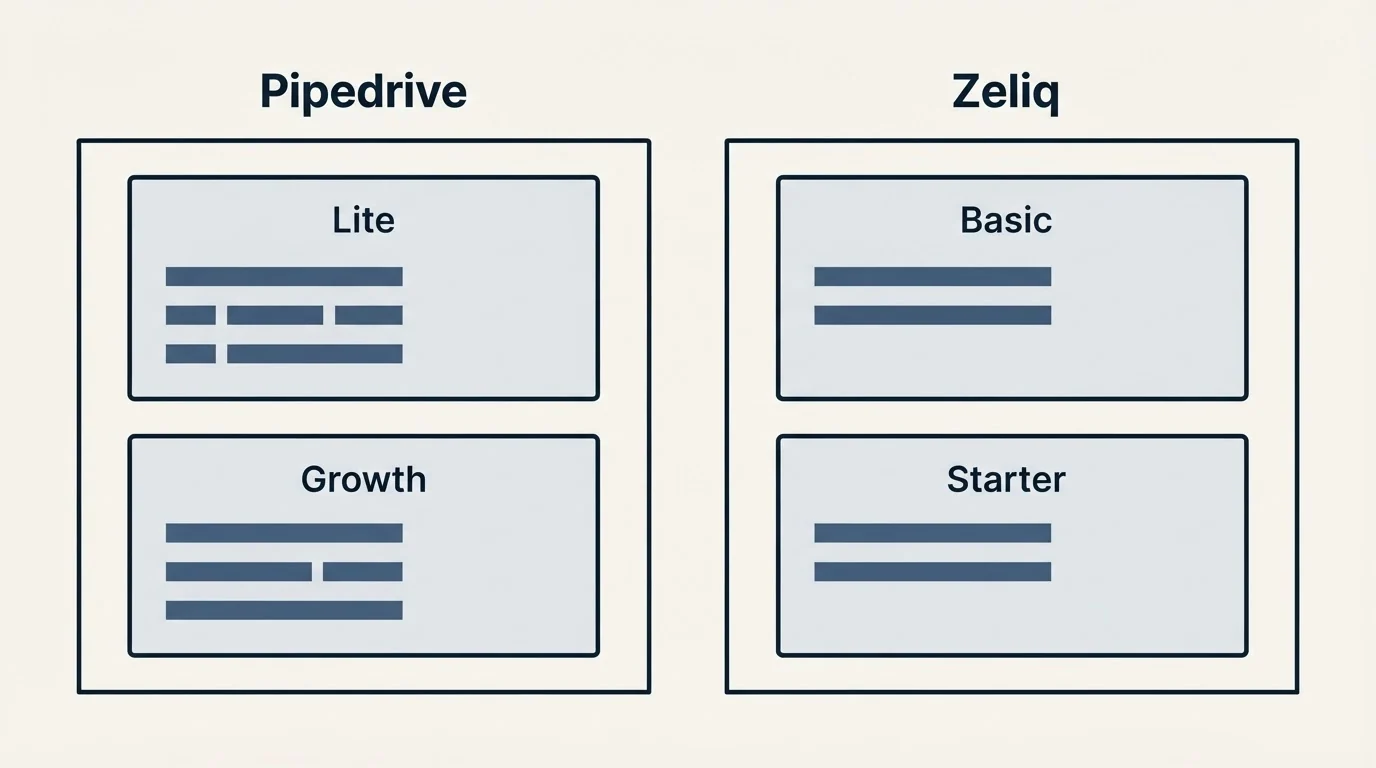 Pricing panels: Pricing Comparison (Pipedrive, Zeliq, Lite, Basic)