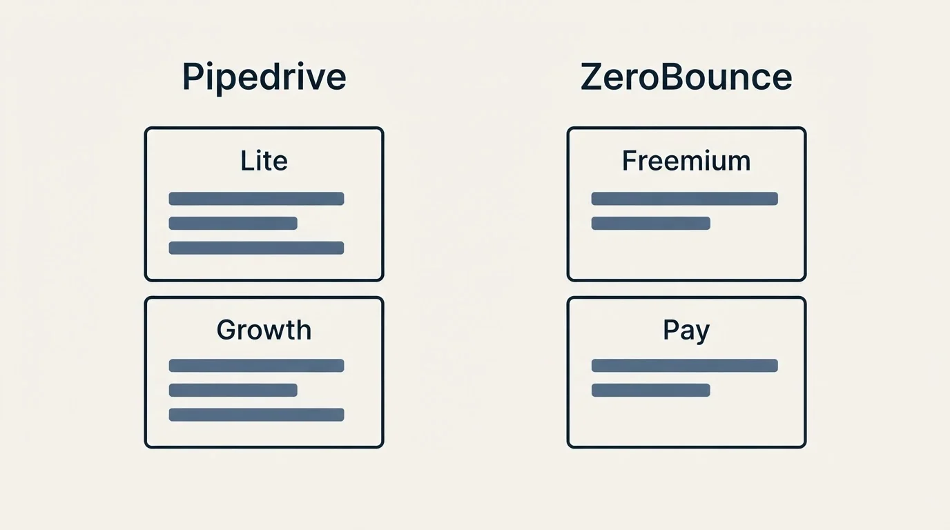 Pricing panels: Pricing Comparison (Pipedrive, ZeroBounce, Lite, Freemium)