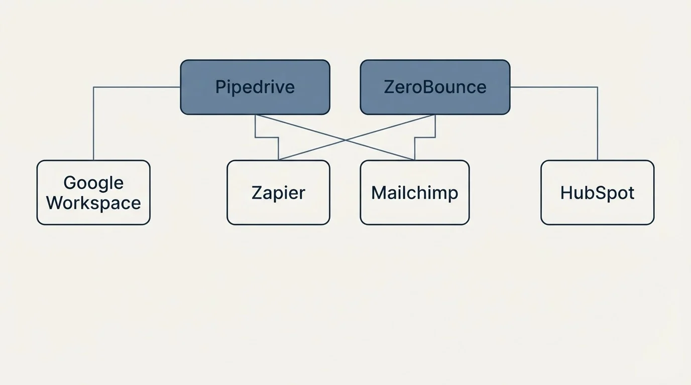 Integration grid: Integration Ecosystem (Pipedrive, ZeroBounce, Zapier, Mailchimp)