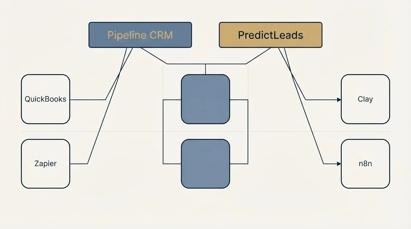 Integration grid: Integration Ecosystem (Pipeline CRM, PredictLeads, QuickBooks, Clay)
