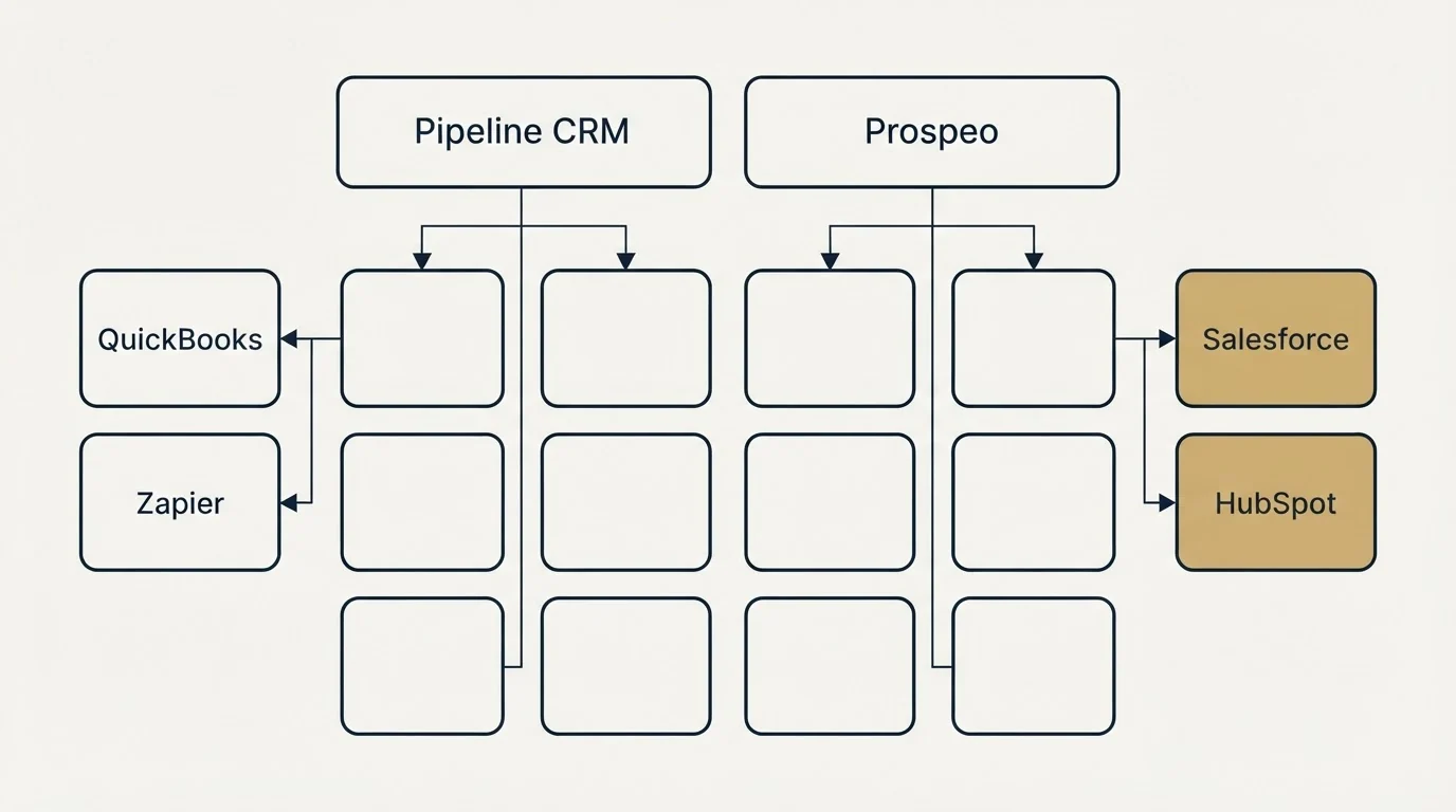 Integration grid: Integration Ecosystem (Pipeline CRM, Prospeo, QuickBooks, Salesforce)