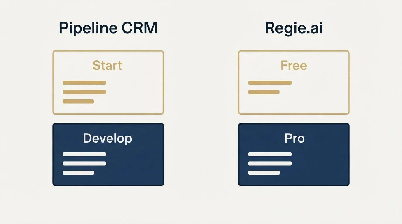 Pricing panels: Pricing Comparison (Pipeline CRM, Regie.ai, Start, Free)