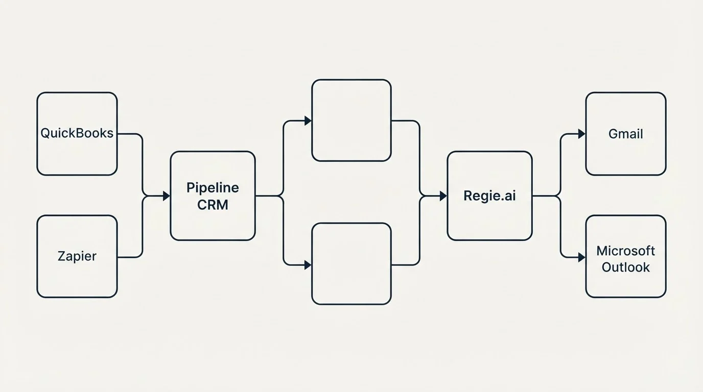 Integration flow: Integration Ecosystem (Pipeline CRM, Regie.ai, QuickBooks, Gmail)