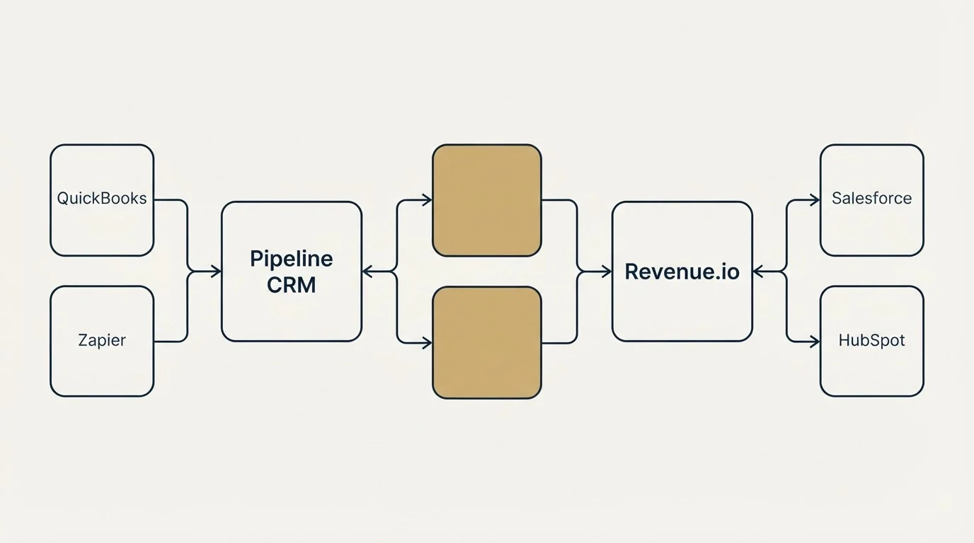 Integration schematic: Integration Ecosystem (Pipeline CRM, Revenue.io, QuickBooks, Salesforce)