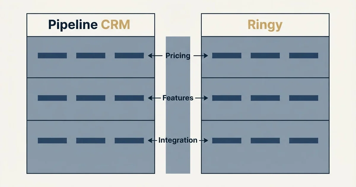 Comparison panel: Pipeline CRM vs Ringy (Pricing, Features, Integration)