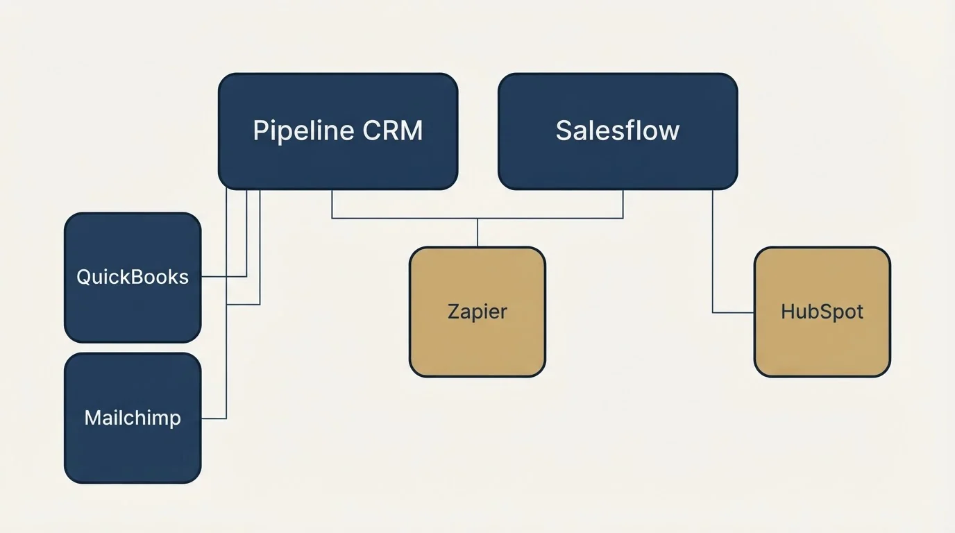 Integration grid: Integration Ecosystem (Pipeline CRM, Salesflow, Zapier, QuickBooks)