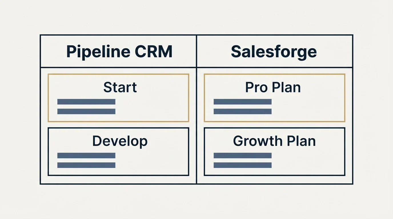 Pricing table: Pricing Comparison (Pipeline CRM, Salesforge, Start, Pro Plan)