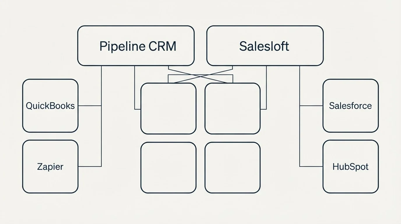 Integration grid: Integration Ecosystem (Pipeline CRM, Salesloft, QuickBooks, Salesforce)