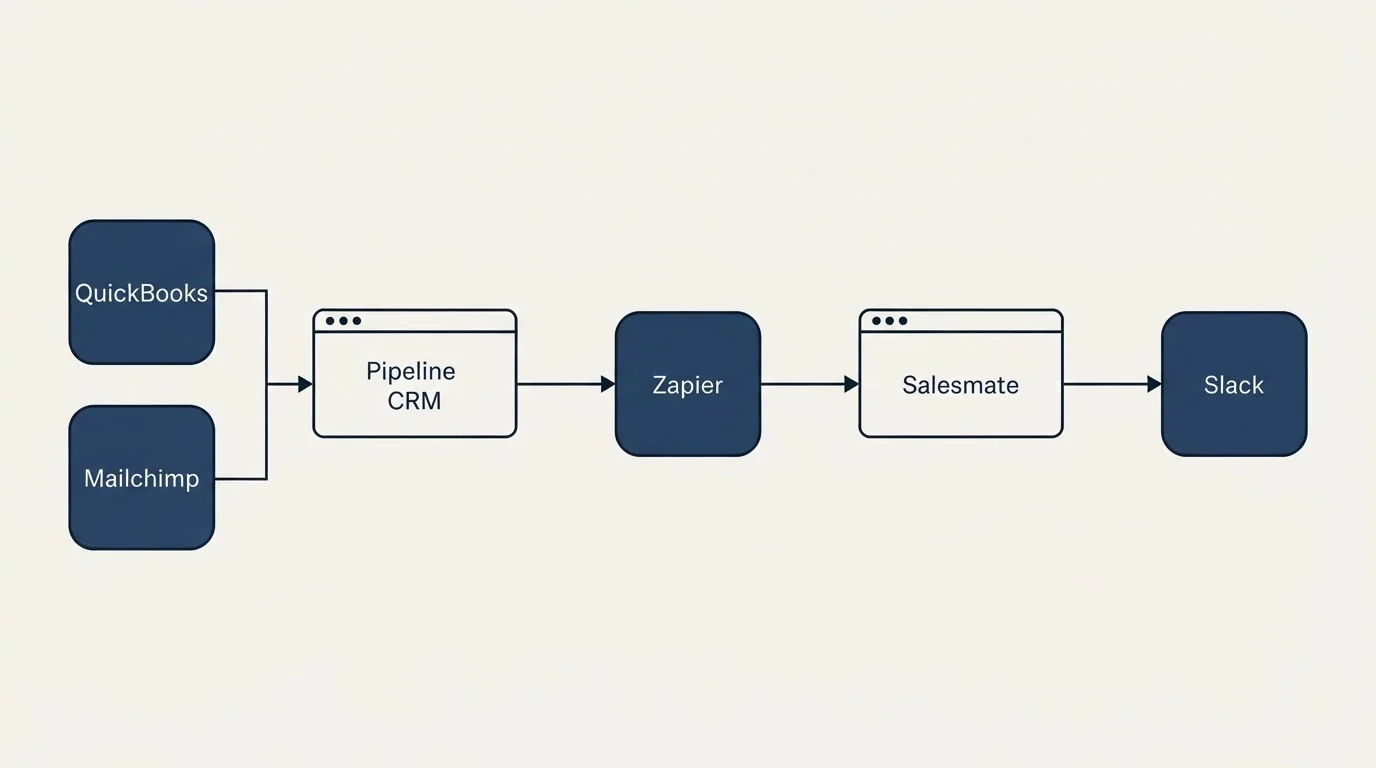 Integration flow: Integration Ecosystem (Pipeline CRM, Salesmate, Zapier, QuickBooks)