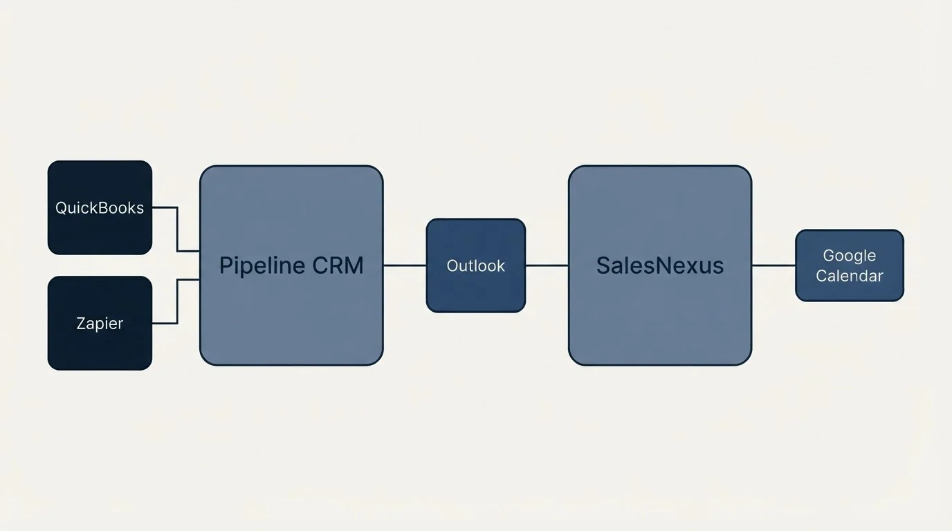 Integration flow: Integration Ecosystem (Pipeline CRM, SalesNexus, Outlook, QuickBooks)
