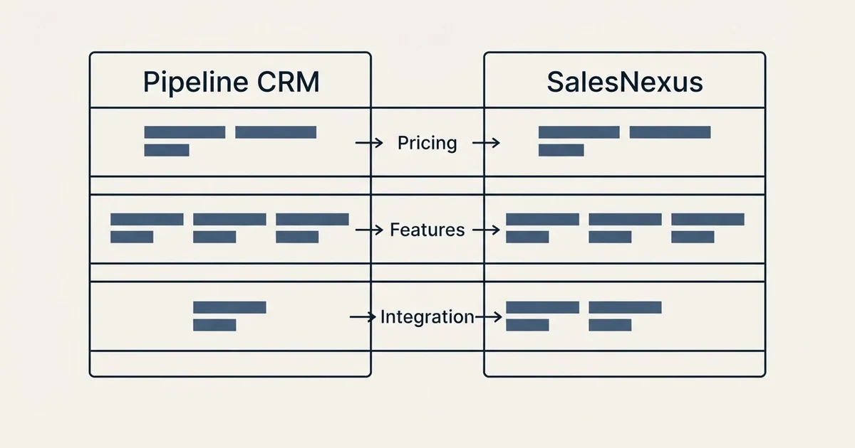 Comparison panel: Pipeline CRM vs SalesNexus (Pricing, Features, Integration)