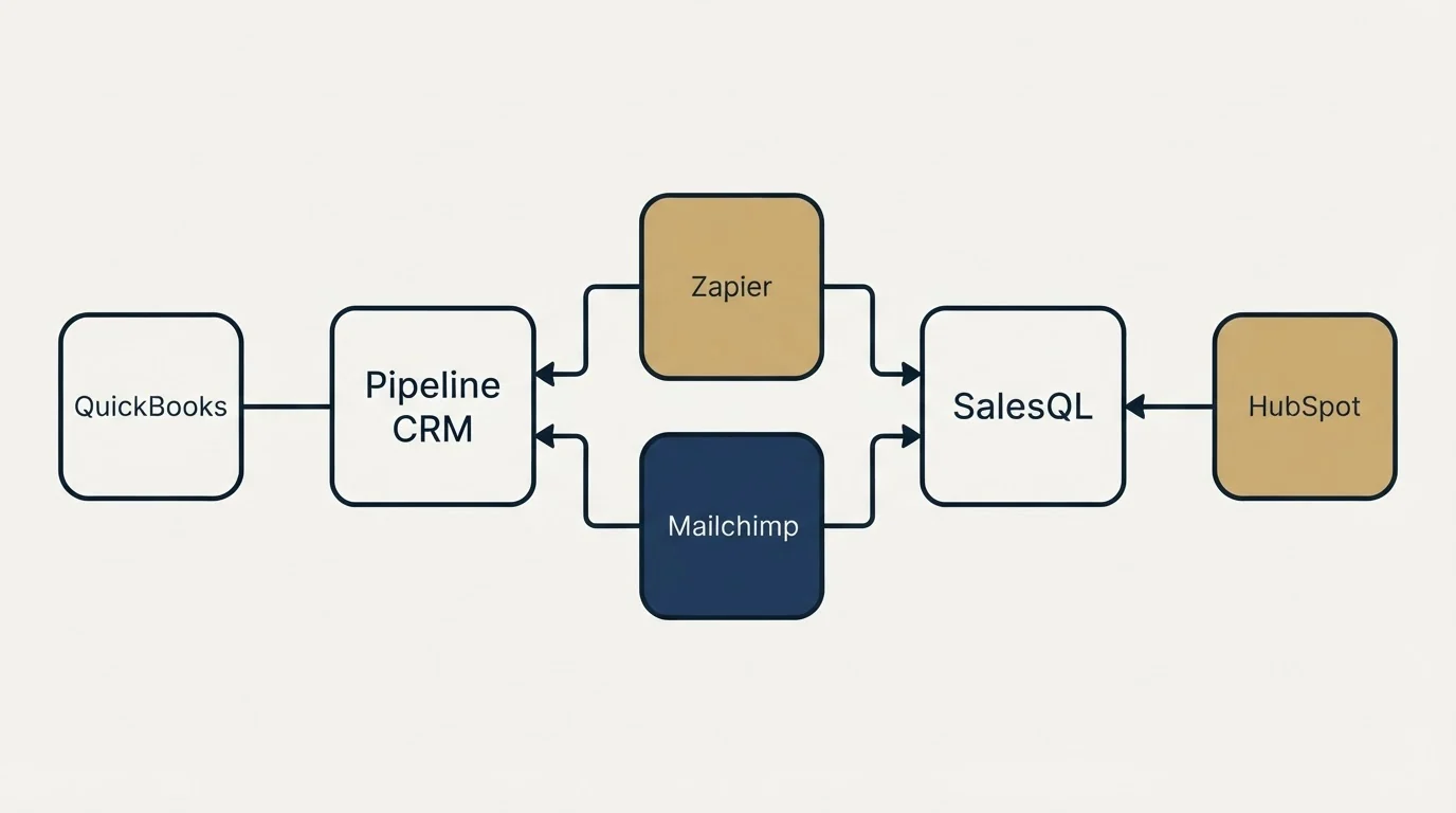 Integration schematic: Integration Ecosystem (Pipeline CRM, SalesQL, Zapier, Mailchimp)