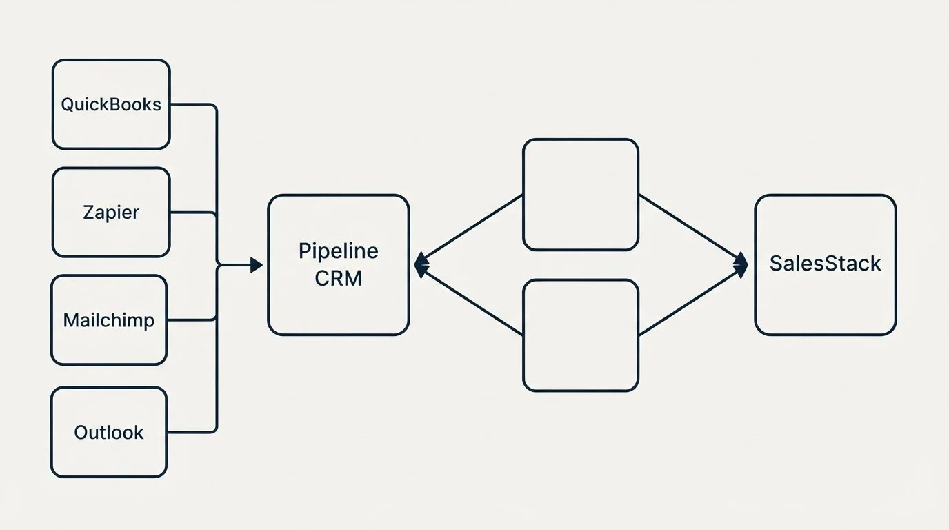 Integration schematic: Integration Ecosystem (Pipeline CRM, SalesStack, QuickBooks, Zapier)