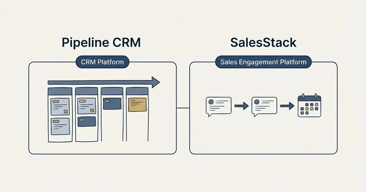 Side-by-side panels: Pipeline CRM vs SalesStack (CRM Platform, Sales Engagement Platform)