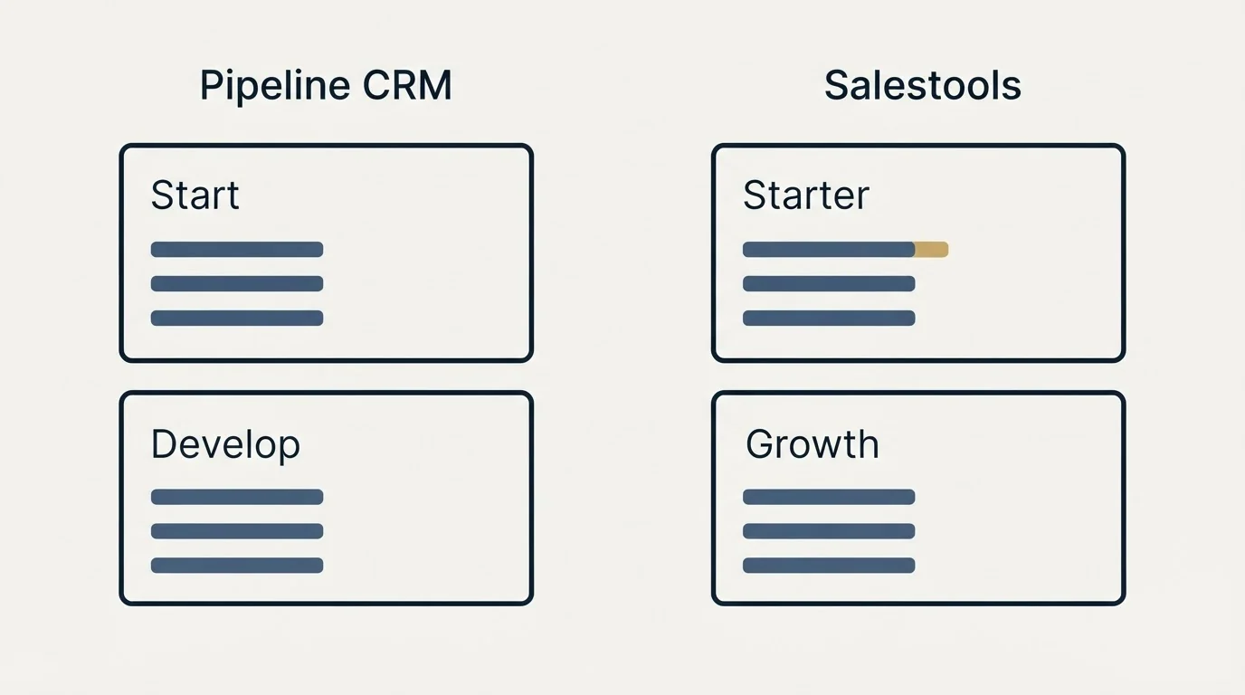 Pricing panels: Pricing Comparison (Pipeline CRM, Salestools, Start, Starter)