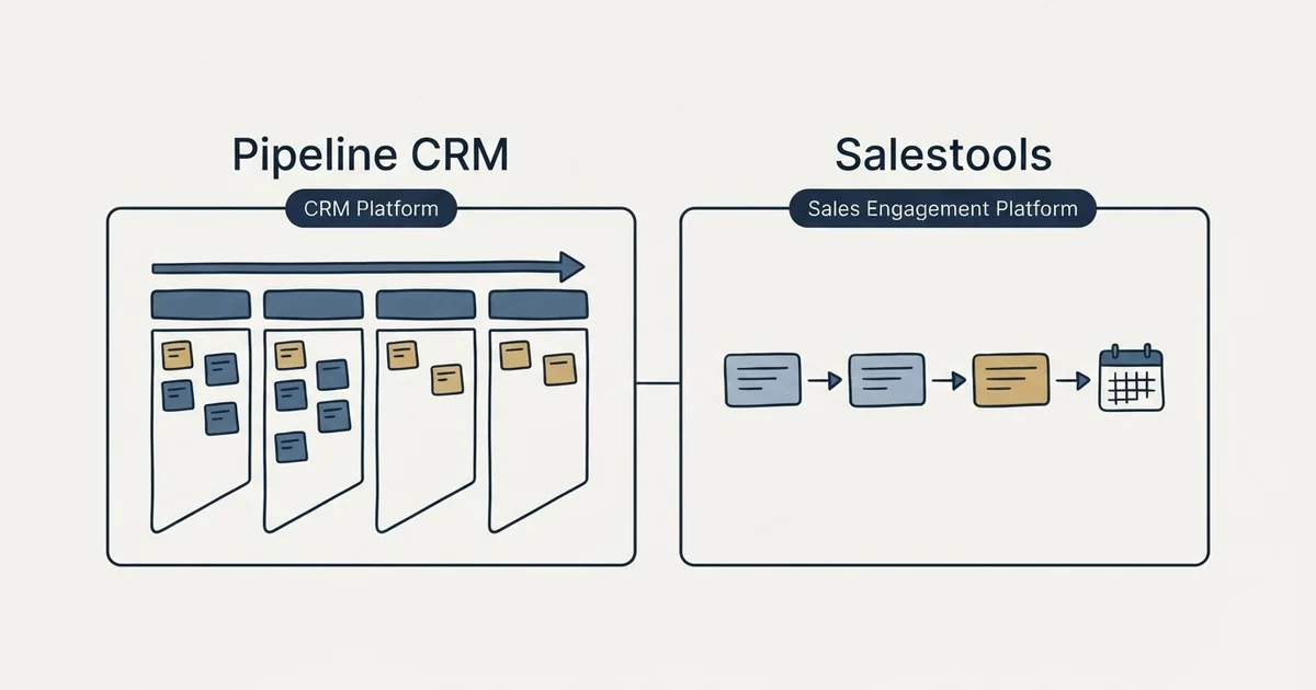 Side-by-side panels: Pipeline CRM vs Salestools (CRM Platform, Sales Engagement Platform)