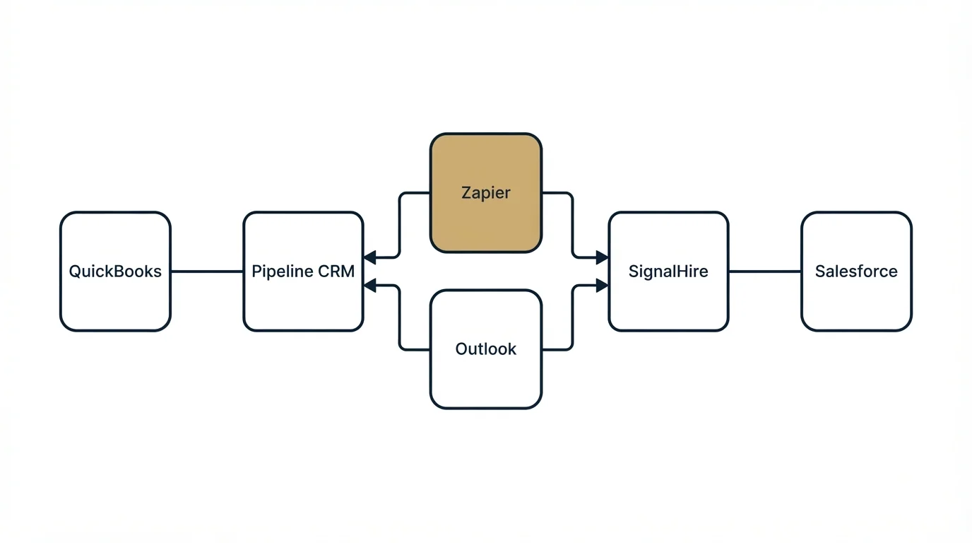 Integration flow: Integration Ecosystem (Pipeline CRM, SignalHire, Zapier, Outlook)