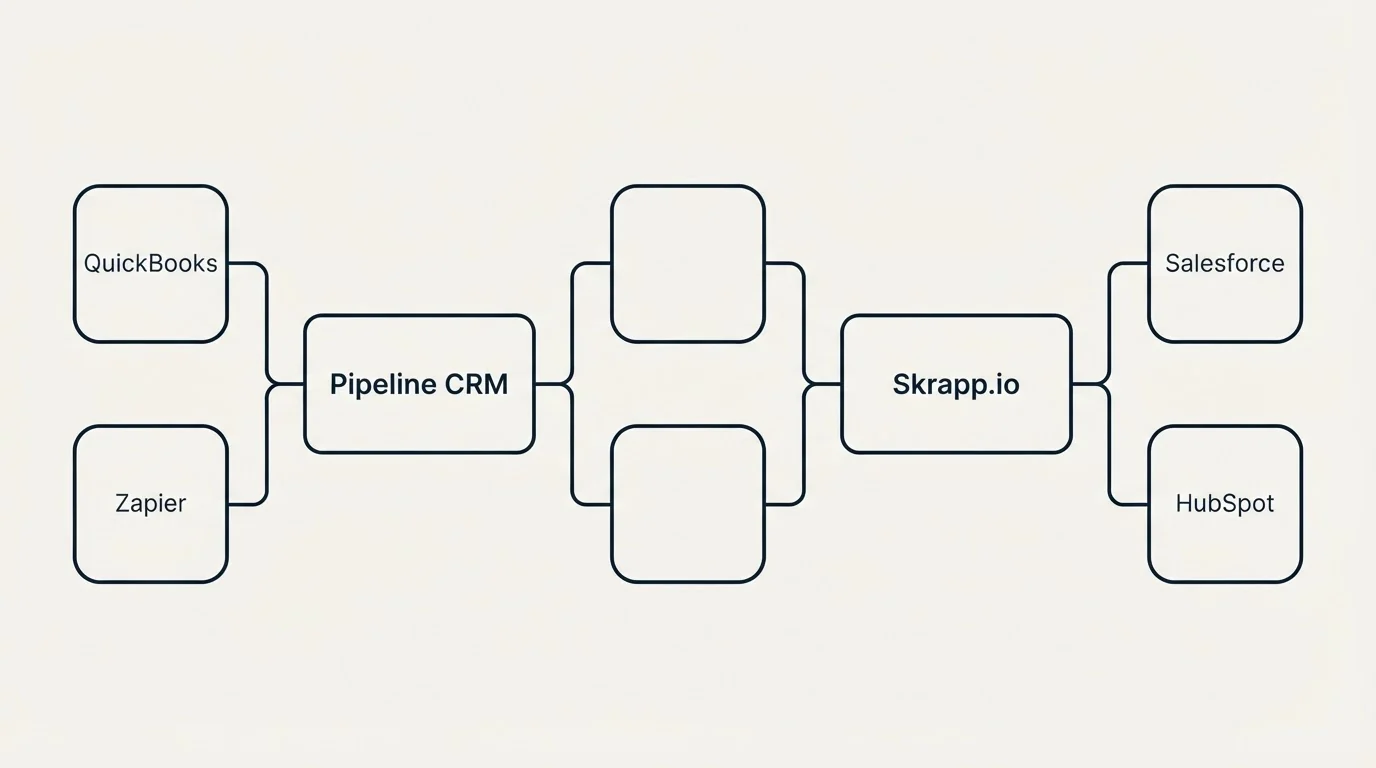 Integration flow: Integration Ecosystem (Pipeline CRM, Skrapp.io, QuickBooks, Salesforce)