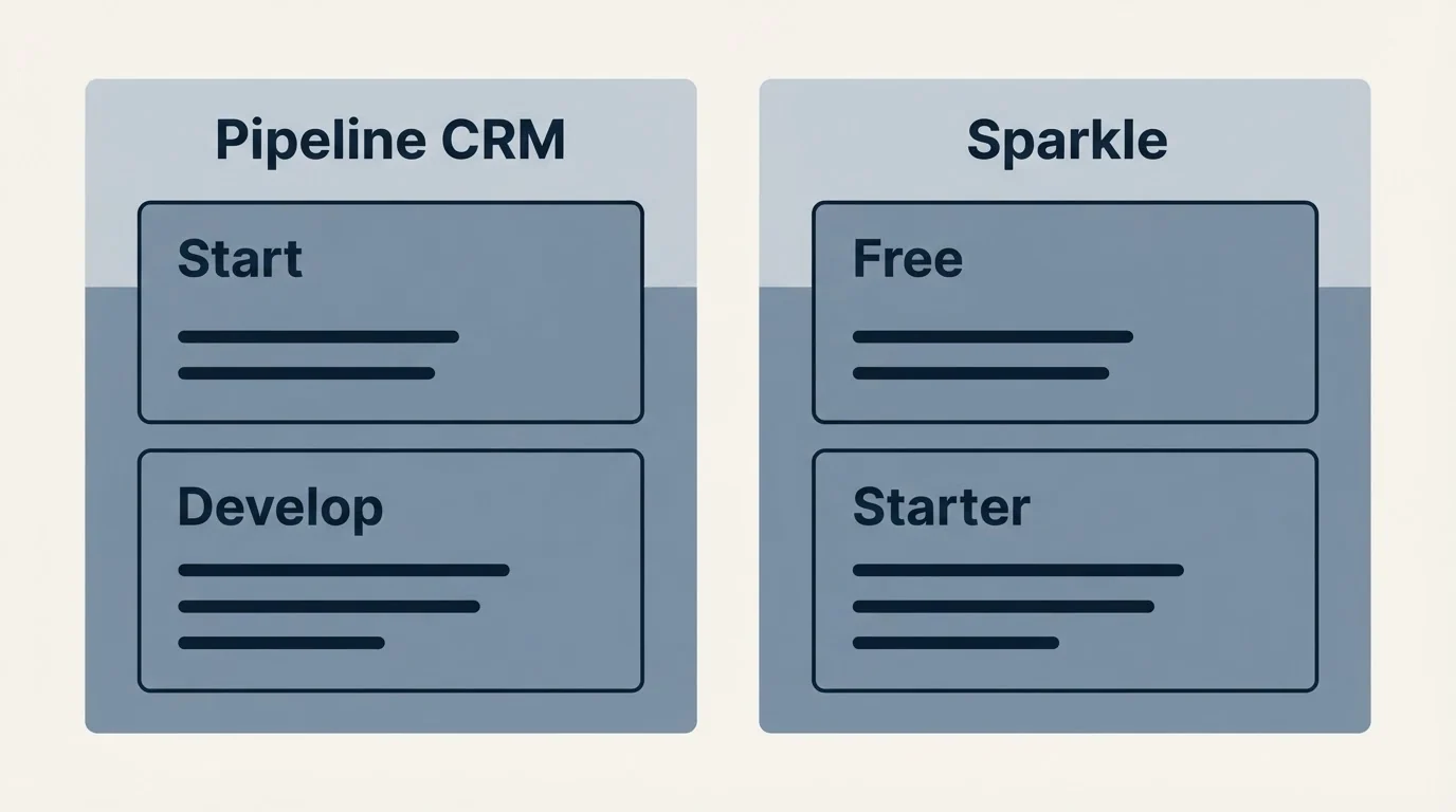 Pricing panels: Pricing Comparison (Pipeline CRM, Sparkle, Start, Free)
