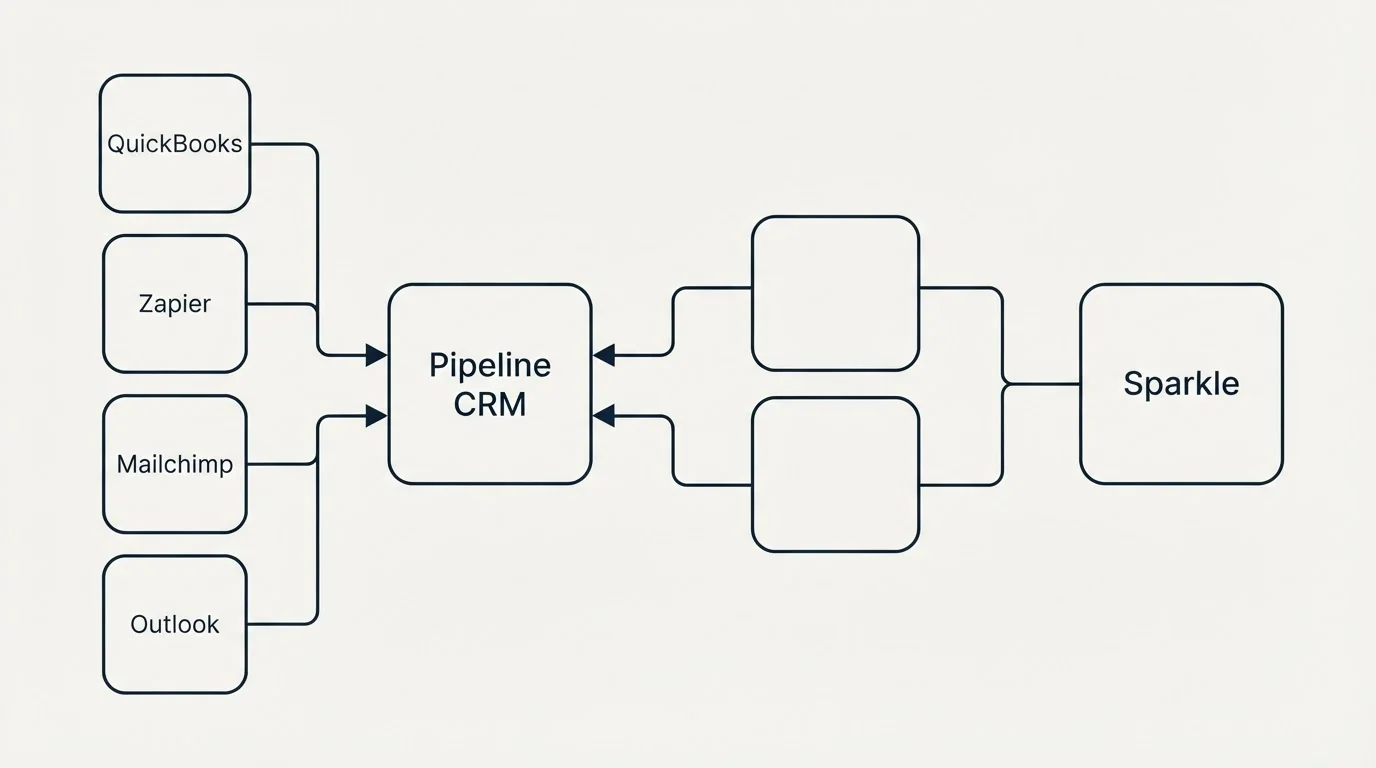 Integration schematic: Integration Ecosystem (Pipeline CRM, Sparkle, QuickBooks, Zapier)
