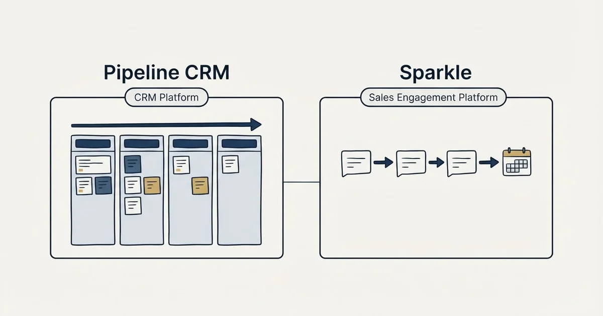 Side-by-side panels: Pipeline CRM vs Sparkle (CRM Platform, Sales Engagement Platform)
