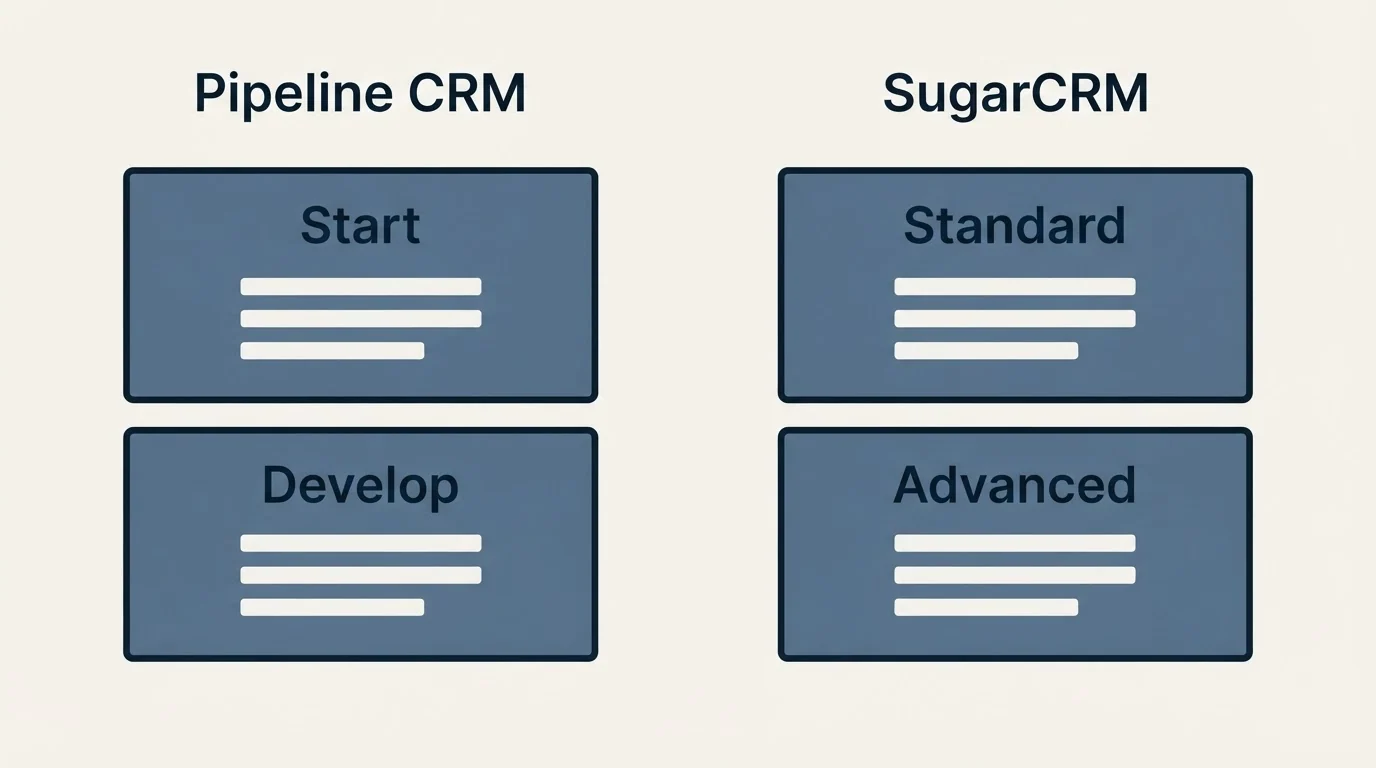 Pricing panels: Pricing Comparison (Pipeline CRM, SugarCRM, Start, Standard)