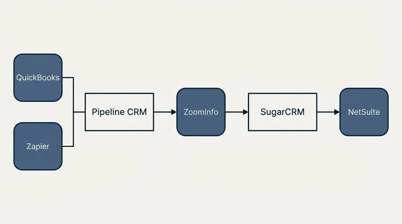 Integration flow: Integration Ecosystem (Pipeline CRM, SugarCRM, ZoomInfo, QuickBooks)