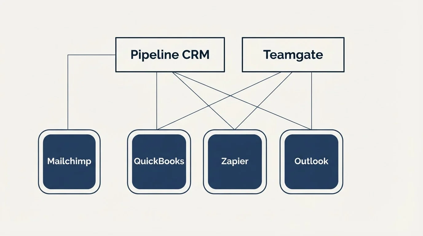 Integration grid: Integration Ecosystem (Pipeline CRM, Teamgate, QuickBooks, Zapier)