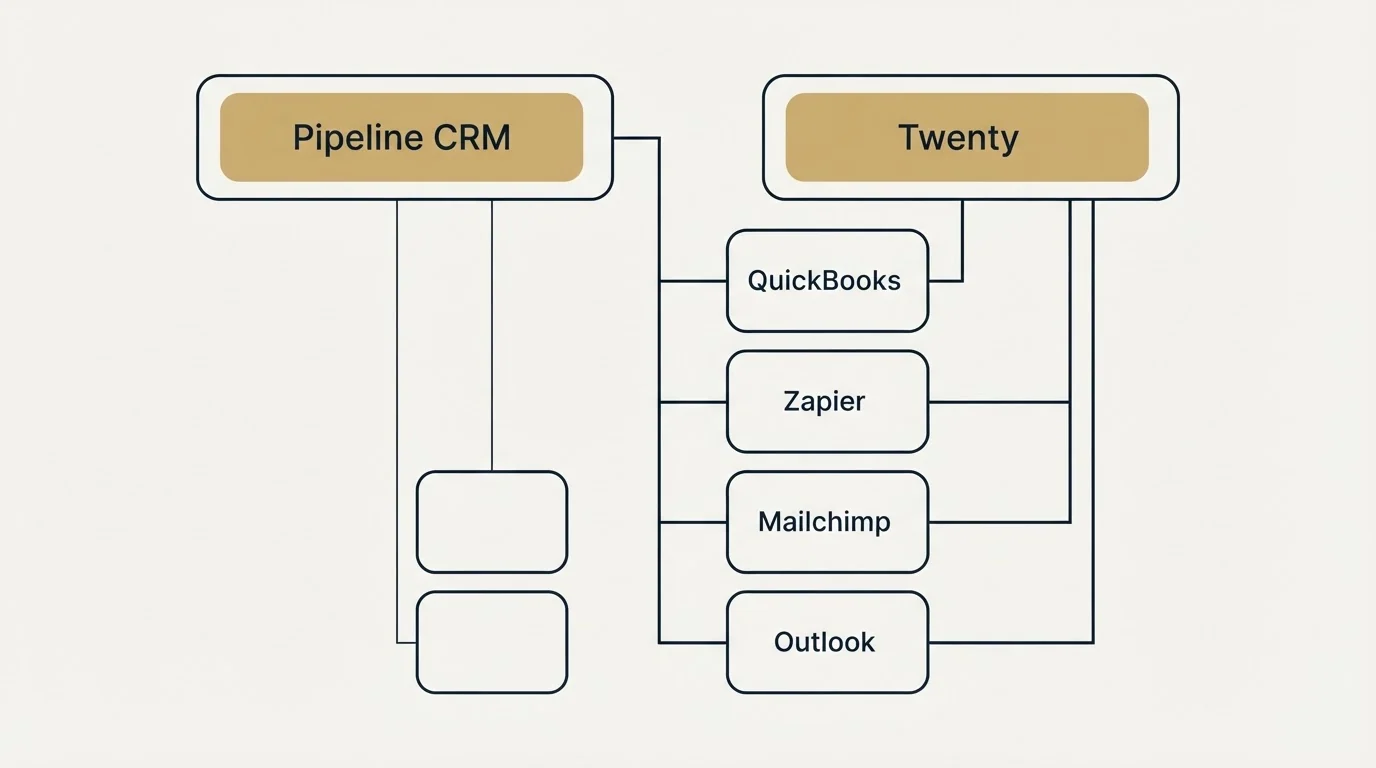 Integration grid: Integration Ecosystem (Pipeline CRM, Twenty, QuickBooks, Zapier)