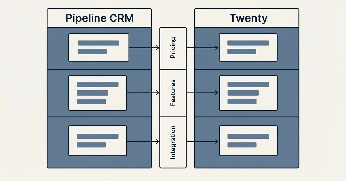 Comparison panel: Pipeline CRM vs Twenty (Pricing, Features, Integration)