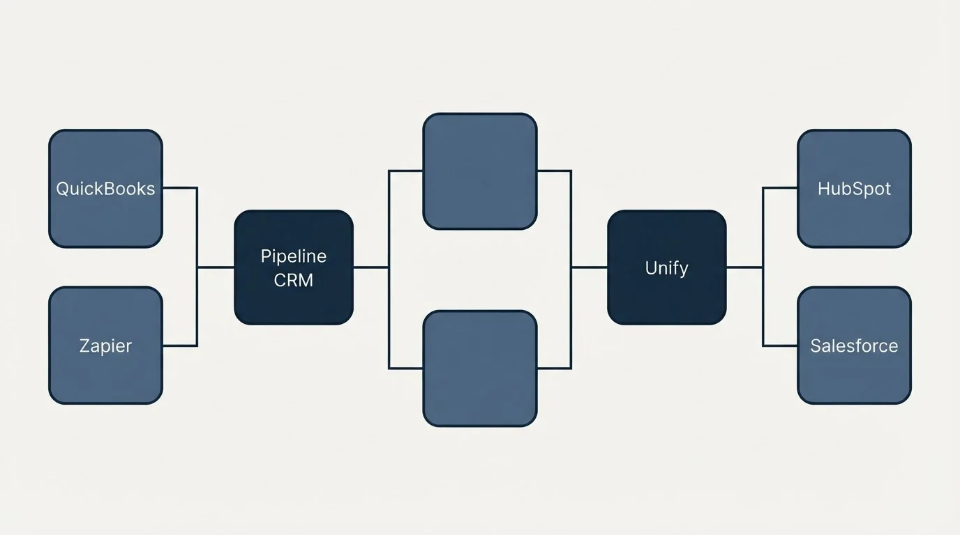 Integration flow: Integration Ecosystem (Pipeline CRM, Unify, QuickBooks, HubSpot)