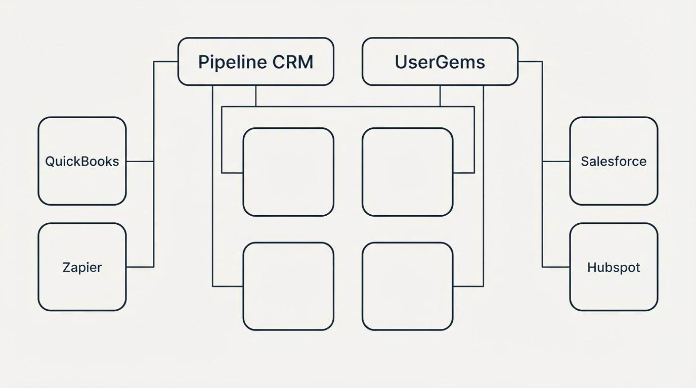 Integration grid: Integration Ecosystem (Pipeline CRM, UserGems, QuickBooks, Salesforce)