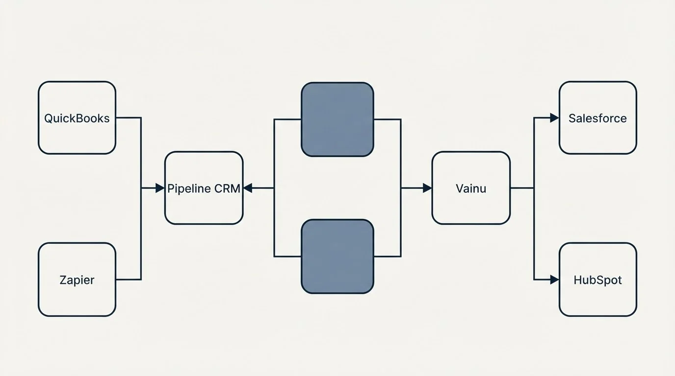 Integration flow: Integration Ecosystem (Pipeline CRM, Vainu, QuickBooks, Salesforce)