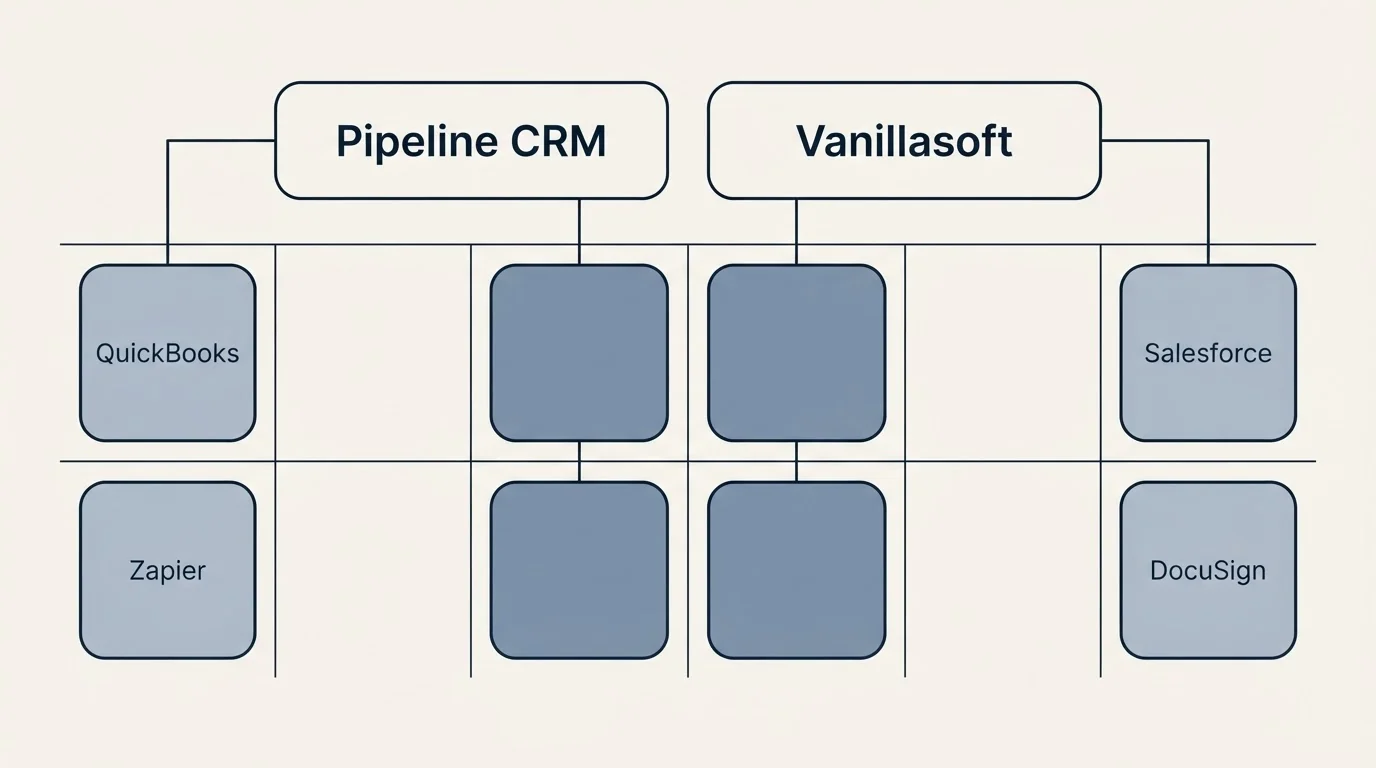 Integration grid: Integration Ecosystem (Pipeline CRM, Vanillasoft, QuickBooks, Salesforce)