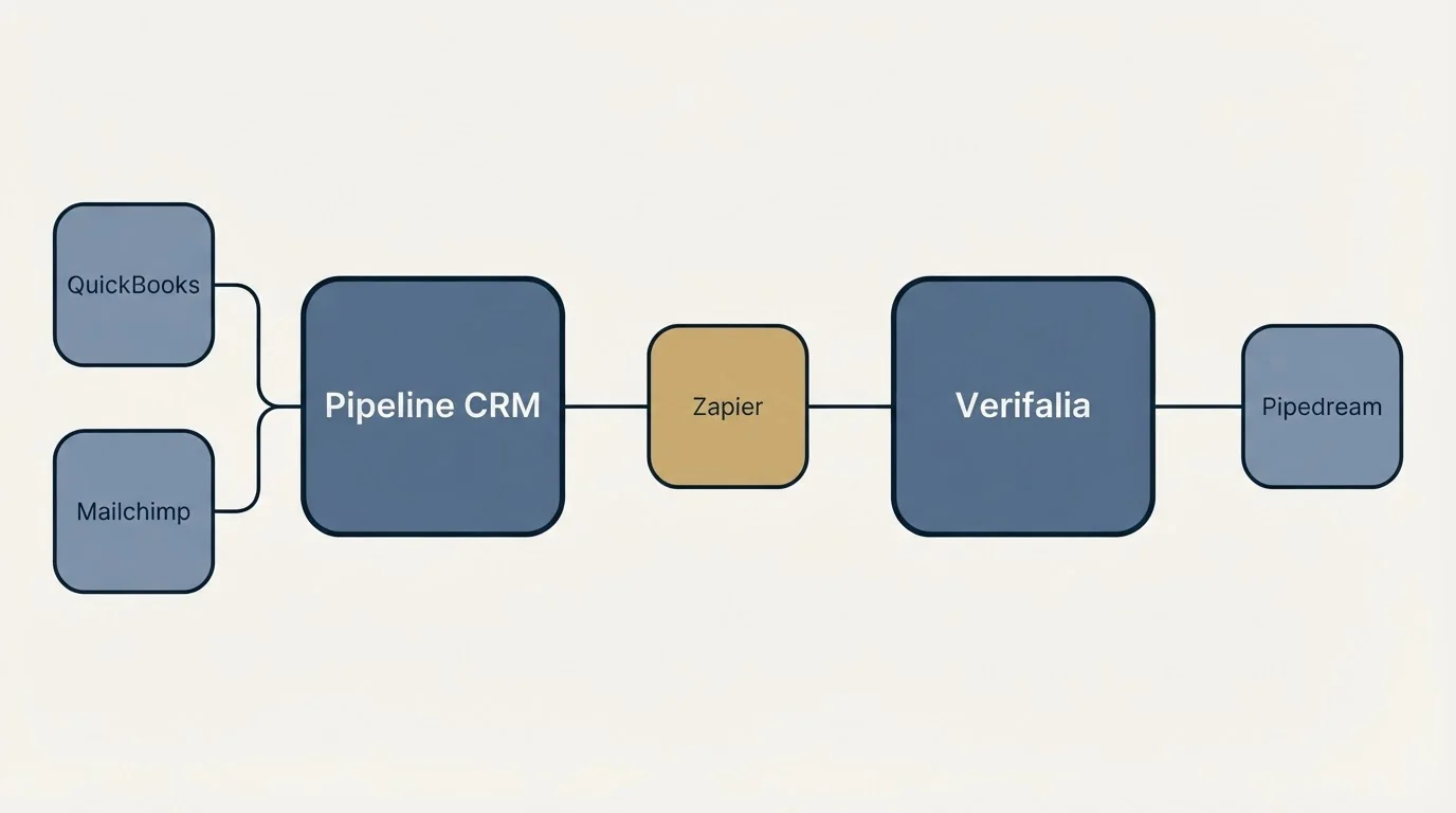 Integration schematic: Integration Ecosystem (Pipeline CRM, Verifalia, Zapier, QuickBooks)