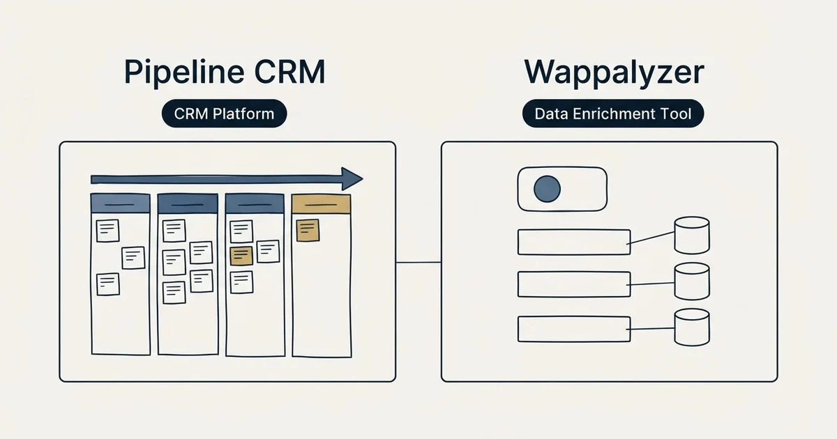 Side-by-side panels: Pipeline CRM vs Wappalyzer (CRM Platform, Data Enrichment Tool)