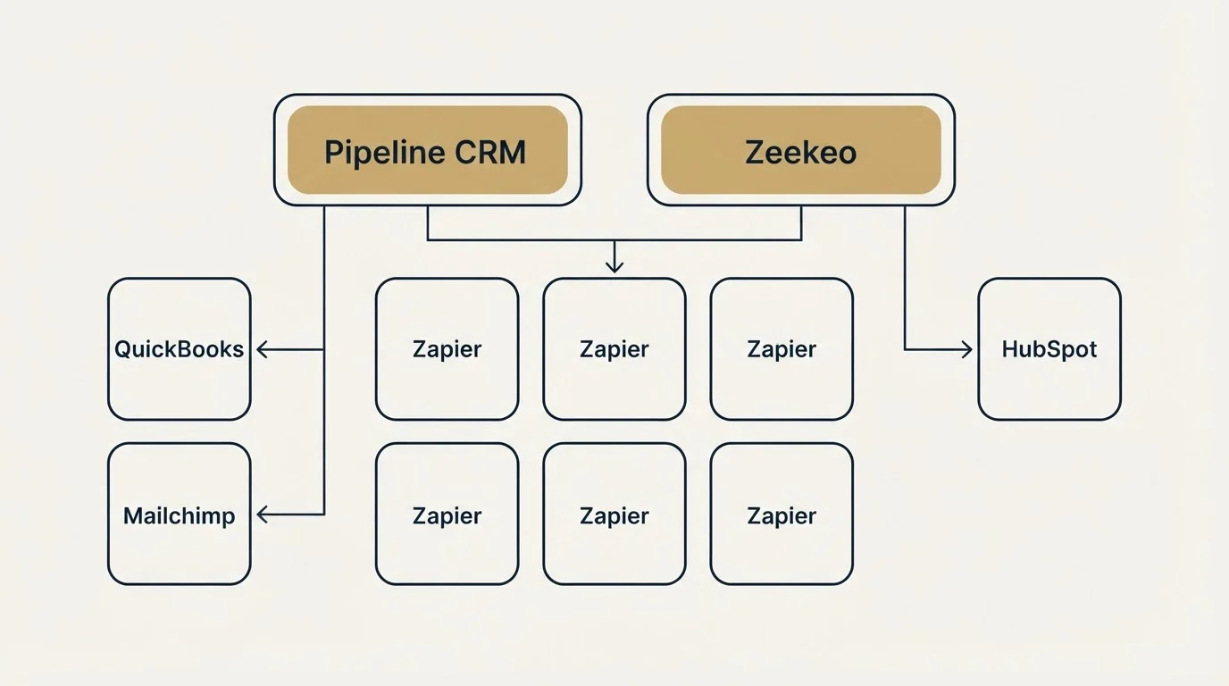 Integration grid: Integration Ecosystem (Pipeline CRM, Zeekeo, Zapier, QuickBooks)