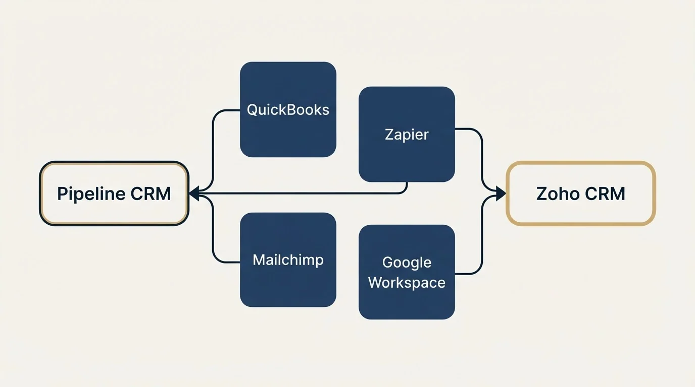 Integration schematic: Integration Ecosystem (Pipeline CRM, Zoho CRM, QuickBooks, Zapier)