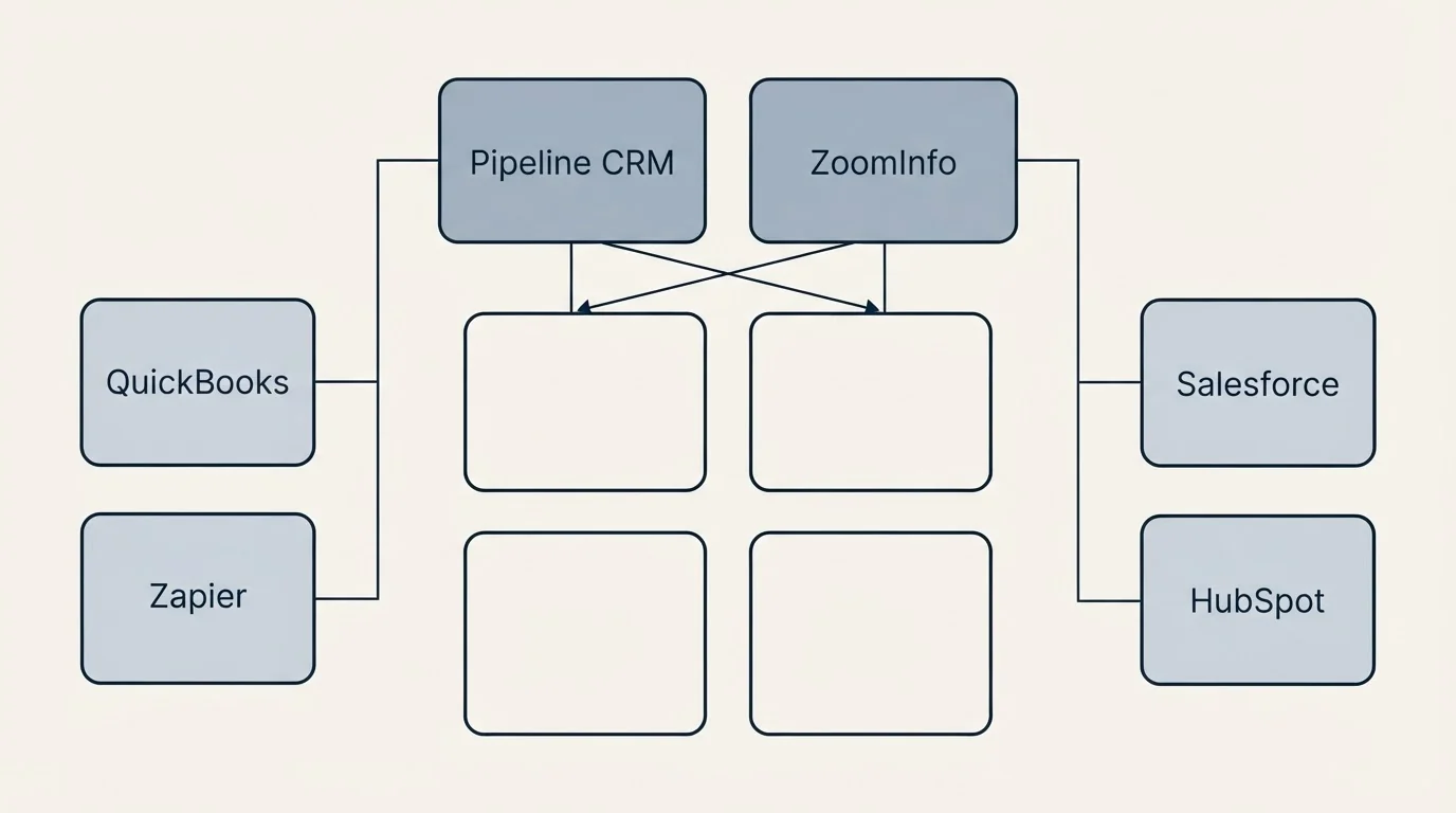 Integration grid: Integration Ecosystem (Pipeline CRM, ZoomInfo, QuickBooks, Salesforce)